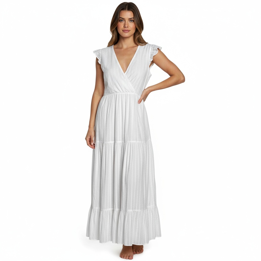 Zara Size‎ Medium Dress White Maxi Sleeveless V-Neck Ruffled Striped Tiered